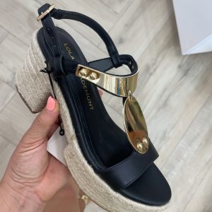LOLA CASADEMUNT LS2505038 Sandalia de tacón en esparto y detalle metalizado - NEGRO