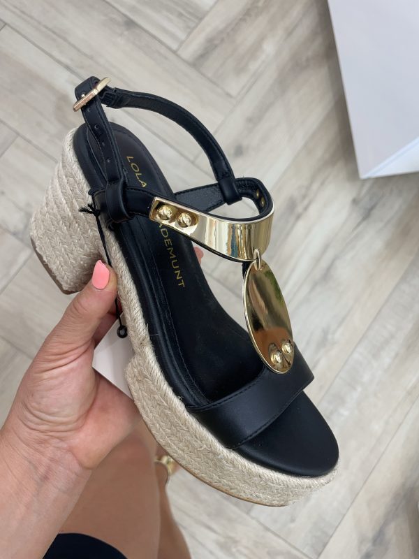 LOLA CASADEMUNT LS2505038 Sandalia de tacón en esparto y detalle metalizado - NEGRO