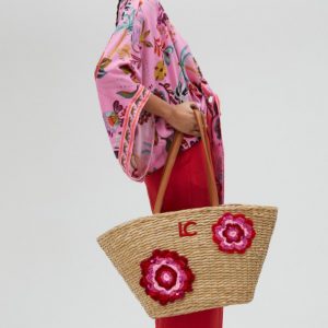 LOLA CASADEMUNT LS2504093 Capazo con flores aplicadas de crochet CRUDO-ROSA