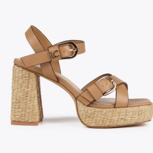 LOLA CASADEMUNT LS2505042 Sandalia de tacón en efecto fibra natural con tira MARRON