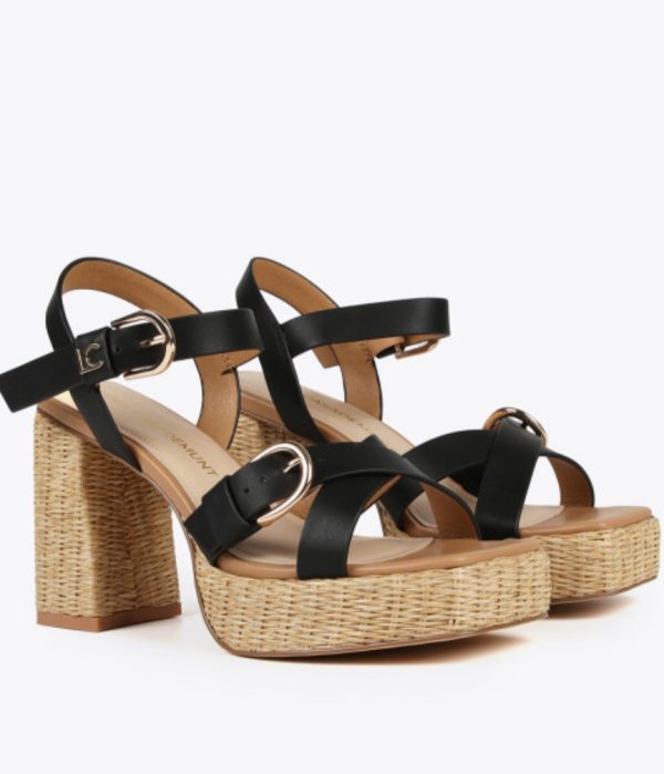 LOLA CASADEMUNT LS2505042 Sandalia de tacón en efecto fibra natural con tira NEGRO - Imagen 2