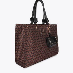 LOLA CASADEMUNT Bolso jaquard monograma con asas en efecto piel y colgante cartera MARRON-NEGRO MF2504010