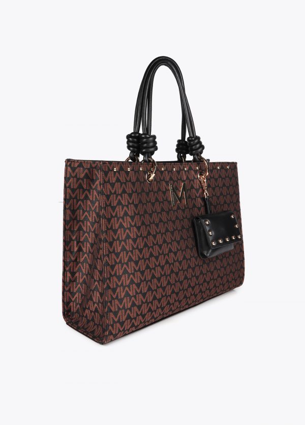LOLA CASADEMUNT Bolso jaquard monograma con asas en efecto piel y colgante cartera MARRON-NEGRO MF2504010