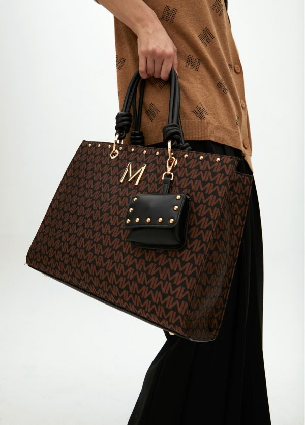 LOLA CASADEMUNT Bolso jaquard monograma con asas en efecto piel y colgante cartera MARRON-NEGRO MF2504010 - Imagen 3