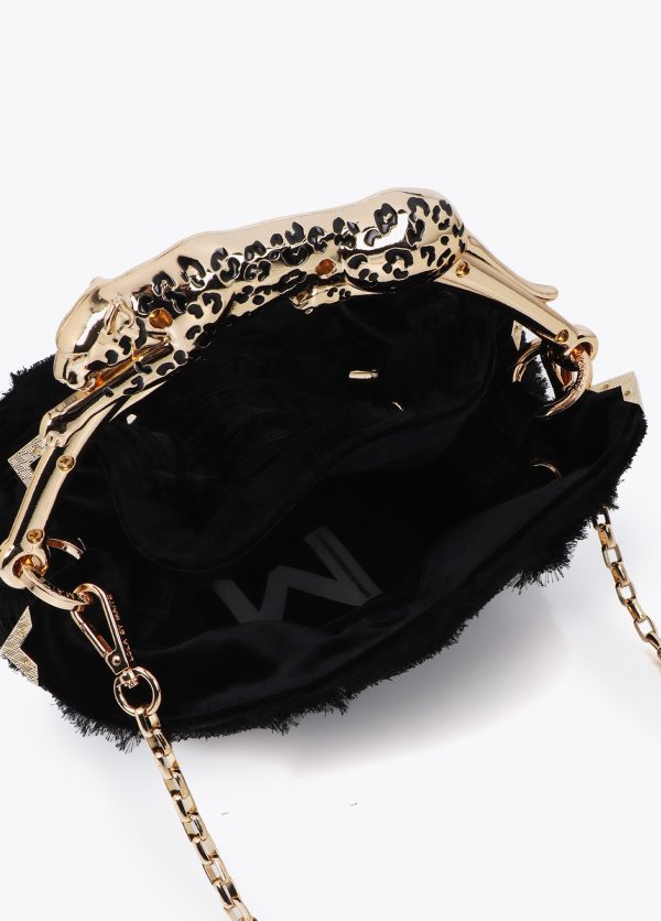 LOLA CASADEMUNT Bolso tejido fantasía rosetones con asa de leopardo metálica NEGRO MF2504011 - Imagen 2