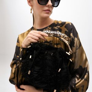 LOLA CASADEMUNT Bolso tejido fantasía rosetones con asa de leopardo metálica NEGRO MF2504011