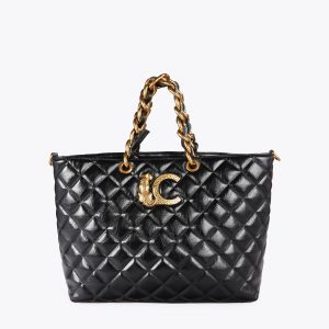 LOLA CASADEMUNT LF2504008 Bolso Shopper acolchado efecto piel asa cadena y LC leopardo NEGRO