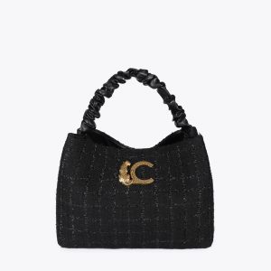 LOLA CASADEMUNT LF2504012 Bolso tweed asa fruncida y logo LC NEGRO
