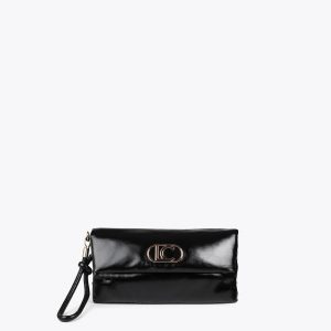LOLA CASADEMUNT LF2504025 Cartera de mano acolchada de efecto piel metalizada con logo LC ovalado NEGRO