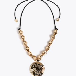 LOLA CASADEMUNT LF2503044 Collar cordon piezas doradas y medallon joya cara de tigre METAL-NEGRO