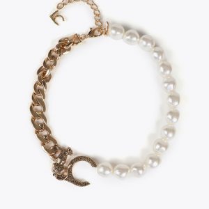 LOLA CASADEMUNT LF2503004 Collar corto logo leopardo combinado cadena y perlas BLANCO-METAL
