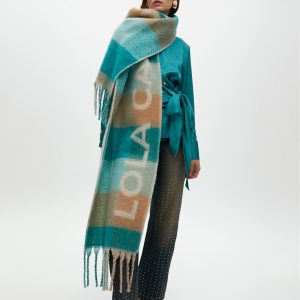 LOLA CASADEMUNT LF2507008 Bufanda cuadros logo grande VERDE-MARRON