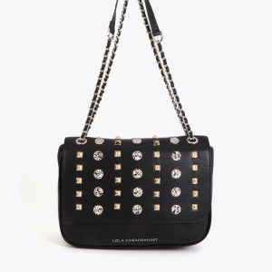 LOLA CASADEMUNT LS2604047 Bandolera con solapa con tachas oro y plata NEGRO