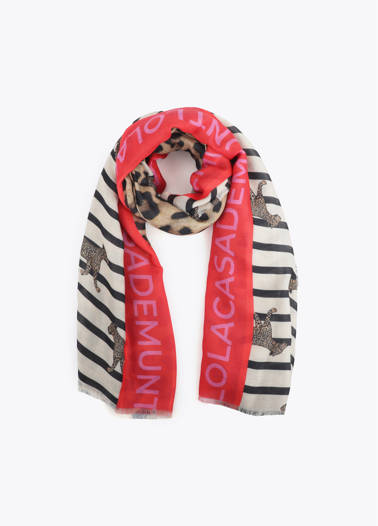 LOLA CASADEMUNT LS2607006 Fular estampado combinado de rallas y leopardos MARRON-MULTICOLOR - Imagen 3