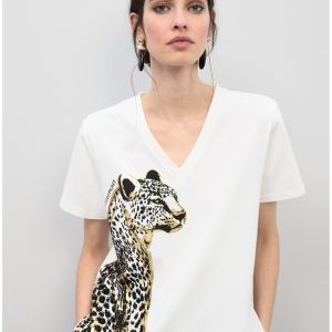 LOLA CASADEMUNT LS2615065Camiseta cuello pico animal con abalorios BLANCO