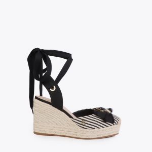 LOLA CASADEMUNT LS2605052 Cuña en tejido tipo canvas de rayas y detalle lazo CRUDO-NEGRO