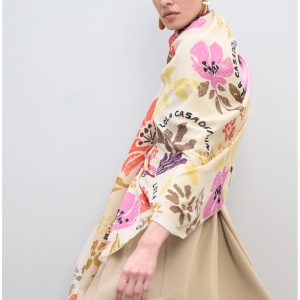 LOLA CASADEMUNT LS2607011 Fular estampado en motivos florales y aves ROSA-AMARILLO