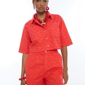 LOLA CASADEMUNT LS2602021 Sobrecamisa manga corta sarga logo jacquard LC CORAL