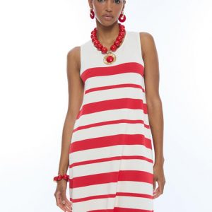 LOLA CASADEMUNT LS2616001 Vestido corto evasé raya irregular CRUDO-ROJO