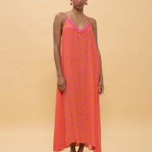 LOLA CASADEMUNT LS2616030 Vestido largo tirantes estampado manchas ROSA-NARANJA