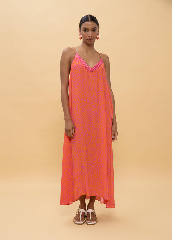 LOLA CASADEMUNT LS2616030 Vestido largo tirantes estampado manchas ROSA-NARANJA