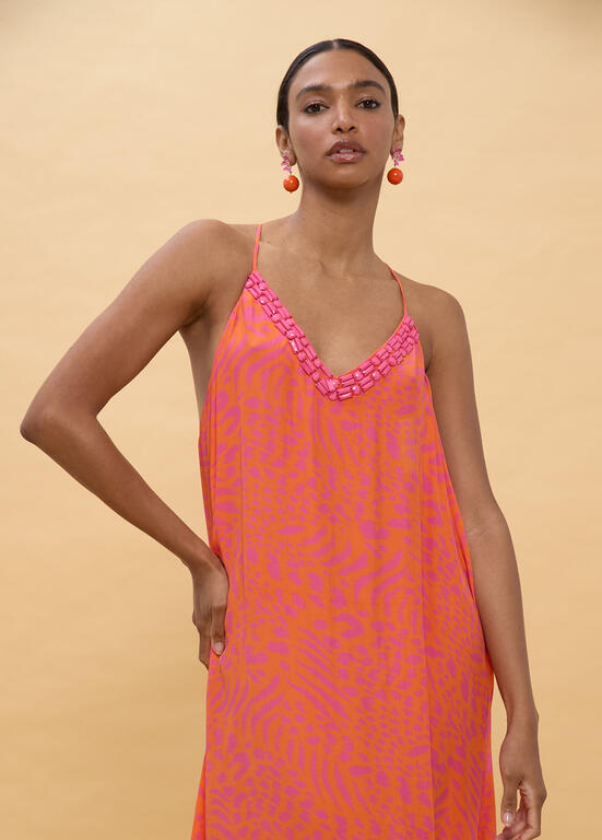 LOLA CASADEMUNT LS2616030 Vestido largo tirantes estampado manchas ROSA-NARANJA - Imagen 2