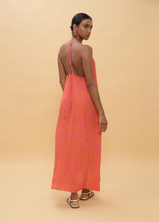 LOLA CASADEMUNT LS2616030 Vestido largo tirantes estampado manchas ROSA-NARANJA - Imagen 4