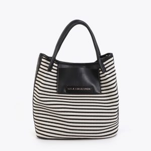 LOLA CASADEMUNT LS2604084 Shopper tejido rayas combinado con efecto piel NEGRO-CRUDO