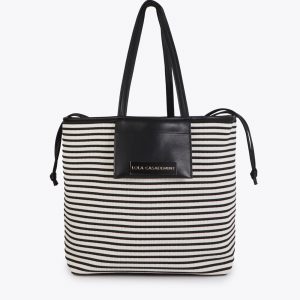 LOLA CASADEMUNT LS2604088 Shopper tejido rayas combinado con efecto piel NEGRO-CRUDO