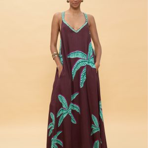 LOLA CASADEMUNT LS2616022 Vestido largo tirantes palmeras MARRON-VERDE