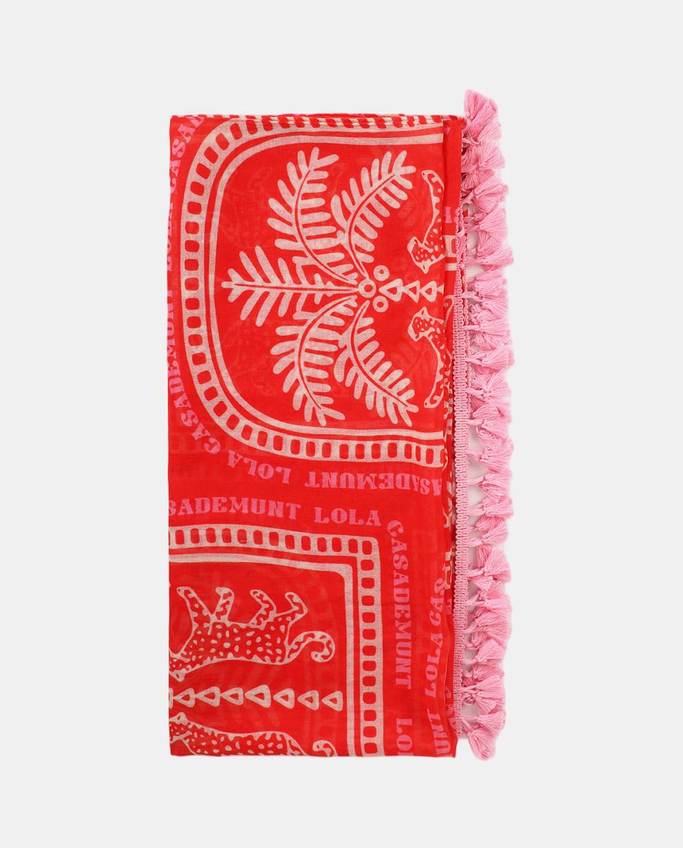 LOLA CASADEMUNT LS2607012 Pareo estampado en motivos tropicales con flecos ROJO-CRUDO