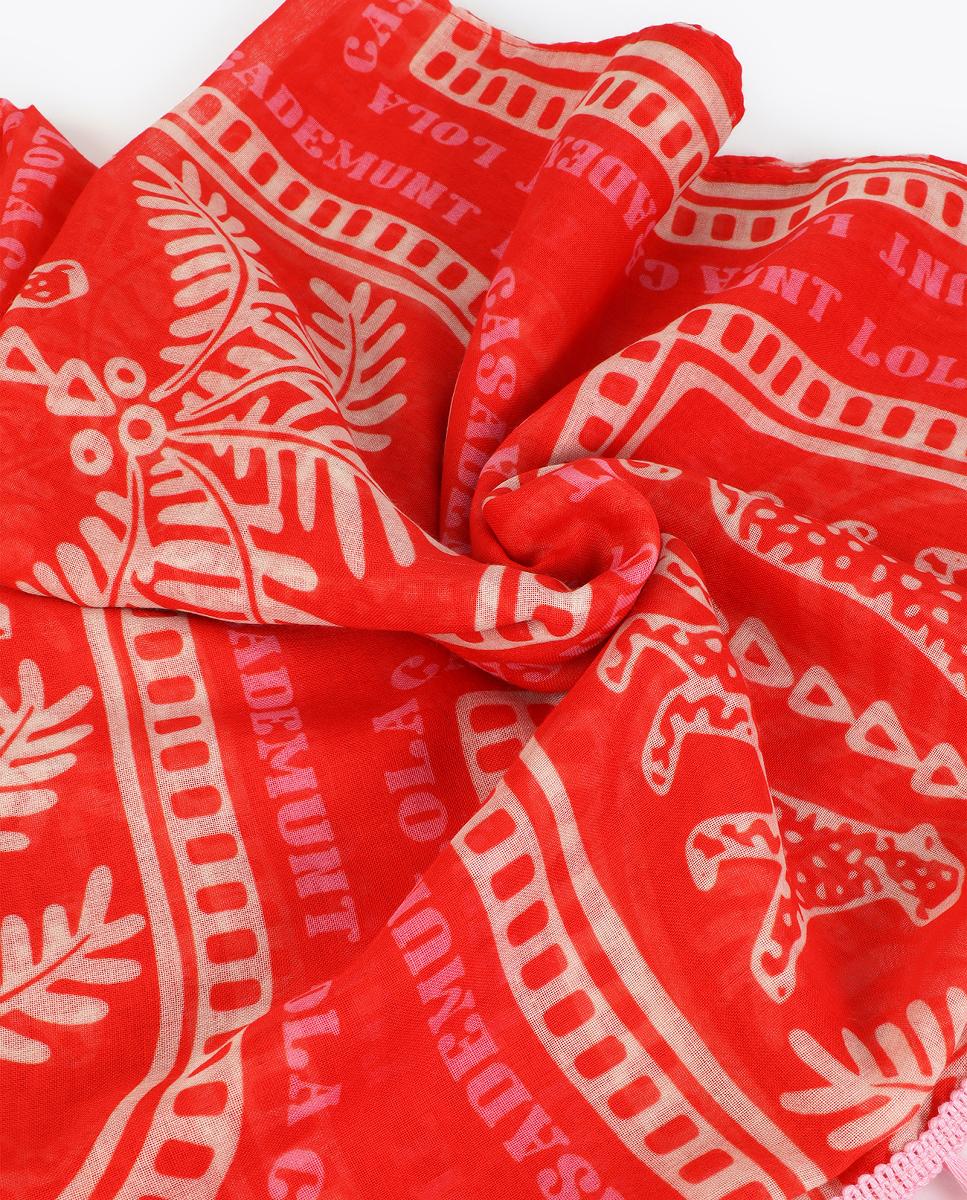 LOLA CASADEMUNT LS2607012 Pareo estampado en motivos tropicales con flecos ROJO-CRUDO - Imagen 3