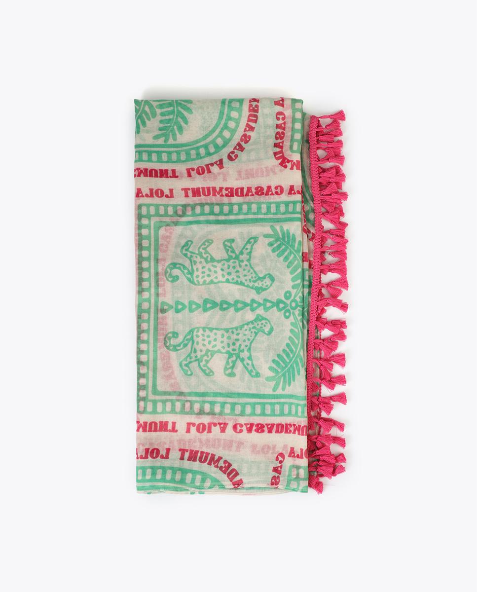 LOLA CASADEMUNT LS2607012 Pareo estampado en motivos tropicales con flecos CRUDO-VERDE