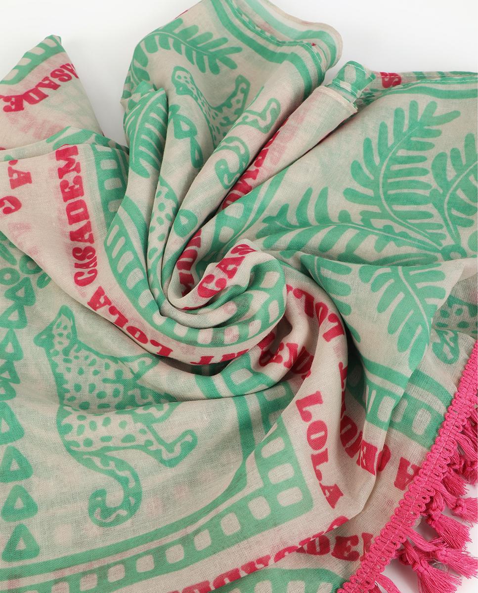 LOLA CASADEMUNT LS2607012 Pareo estampado en motivos tropicales con flecos CRUDO-VERDE - Imagen 4