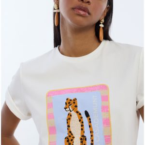 LOLA CASADEMUNT LS2615017 Camiseta animal bordado con lentejuelas transparentes BLANCO