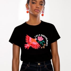 LOLA CASADEMUNT LS2615030 Camiseta loro con plumas NEGRO