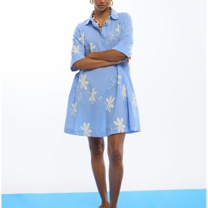 LOLA CASADEMUNT LS2616135 Vestido algodón camisero bordado flores AZUL-CRUDO