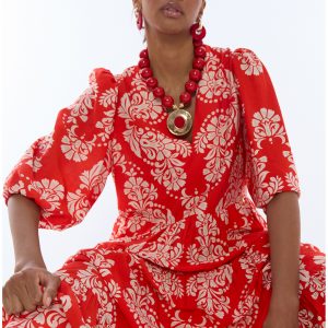 LOLA CASADEMUNT LS2616138 Vestido escote pico manga abullonada paisley ROJO-BLANCO