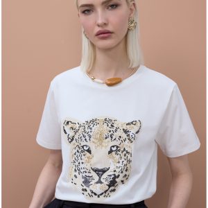LOLA CASADEMUNT MS2615009 Camiseta leopard face abalorios BLANCO